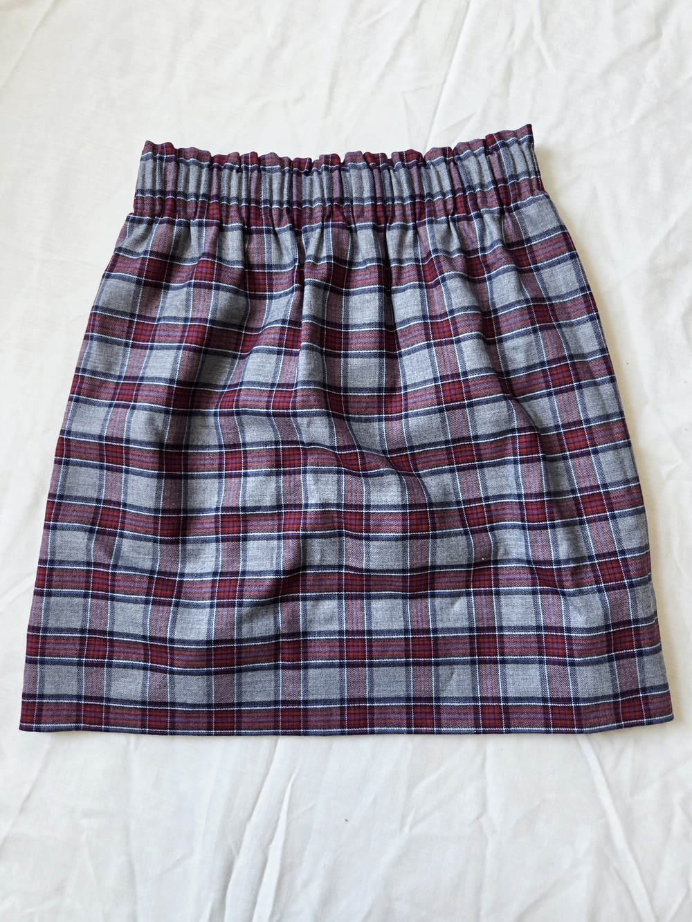 J. Crew Burgundy and Gray Plaid Wool Blend Flannel Elastic Waist Mini Skirt